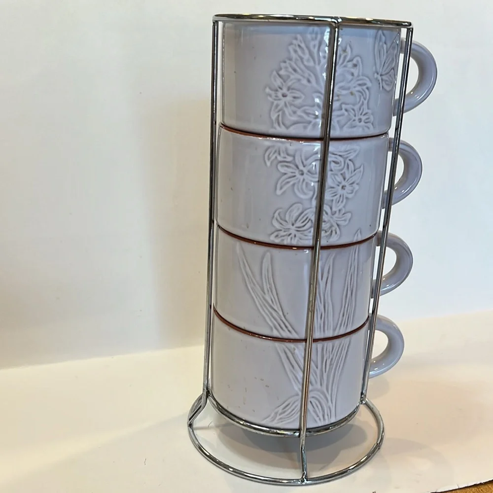 Pier 1 White Floral Embossed Glazed Terracotta Stacking Mugs with Stand